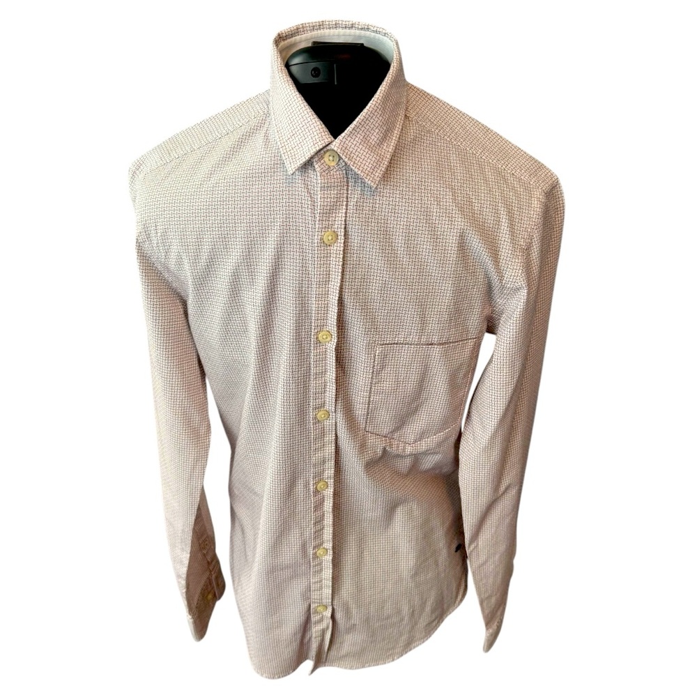 BOSS HUGO BOSS SLIM FIT STRETCH GREEN LABEL LS WHITE PATTERNED SHIRT. SIZE S.